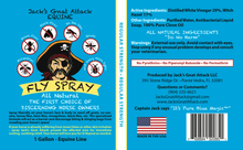 Load image into Gallery viewer, Front and back packaging of Jack's Gnat Attack Equine Fly Spray, featuring a blue design with illustrations of horse flies, a pirate illustration, and product details.