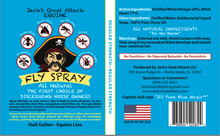 Load image into Gallery viewer, Front and back packaging of Jack's Gnat Attack Equine Fly Spray, showing a bright blue design with a pirate illustration, ingredient icons, usage warnings, and product details.