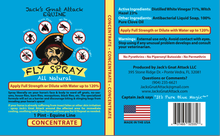 Load image into Gallery viewer, Front and back packaging of Jack's Gnat Attack Equine Fly Spray Concentrate, featuring a bright blue background with product details, ingredients, warnings, and a cartoon pirate illustration.