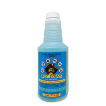 Load image into Gallery viewer, A bottle of Fly Spray All Natural concentrate with a light blue body, white cap, and a blue label featuring a pirate illustration and text.