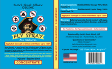 Load image into Gallery viewer, Front and back packaging of Jack's Gnat Attack Equine Fly Spray Concentrate on a bright blue background, with a pirate illustration, ingredient list, warnings, and barcode.