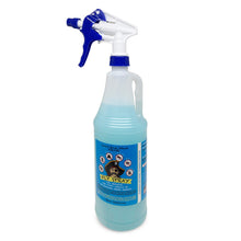 Load image into Gallery viewer, Jack's Gnat Attack. A plastic spray bottle filled with light blue liquid, featuring a blue and white trigger sprayer and a blue label that reads 'Fly Spray' with a pirate graphic.