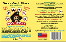 Load image into Gallery viewer, Front and back label of Jack's Gnat Attack Bug Spray, showing the product name, ingredients, usage instructions, warnings, and a cartoon pirate illustration on a bright yellow background.